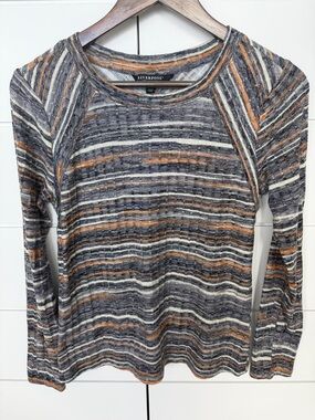 Liverpool Striped Long-Sleeve Knit Top in Gray, Orange & Cream